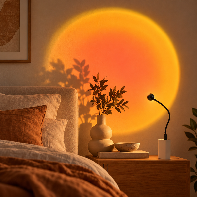 Sunset projector in a warm bedroom